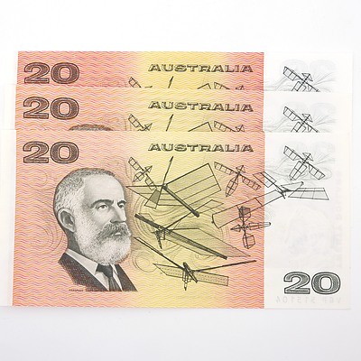 Three Australian $20 Paper Notes, Including Knight/ Stone VGP515104, Johnston/Stone VLR308768 and Johnston/ Fraser EDF732692