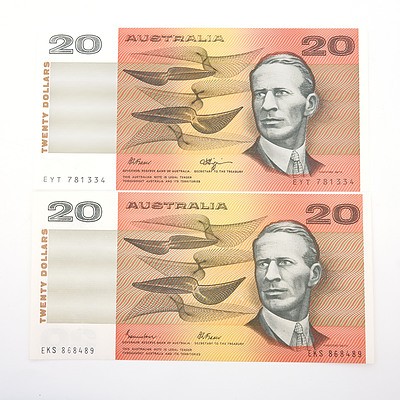 Two Australian $20 Paper Notes, Including Johnston/Fraser EKS868489 and Fraser Higgins EYT781334