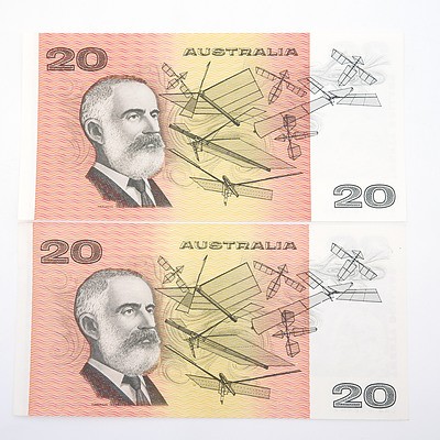 Two Australian $20 Paper Notes, Including Johnston/Fraser EKS868489 and Fraser Higgins EYT781334