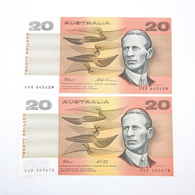 Two Australian $20 Paper Notes, Including Fraser/Cole RVP383678 and Fraser/Evans ADB645409