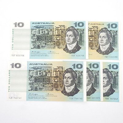 Five Australian $10 Paper Notes, Including Phillips/ Wheeler TAY533598, Knight/Wheeler TET625766 and More