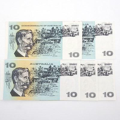 Five Australian $10 Paper Notes, Including Phillips/ Wheeler TAY533598, Knight/Wheeler TET625766 and More