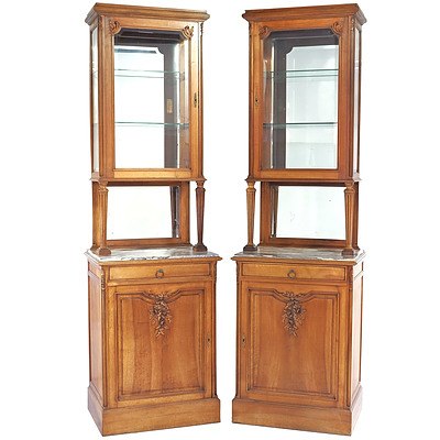 Pair of Impressive French Belle Epoque Walnut Tall Vitrines Late 19th Century