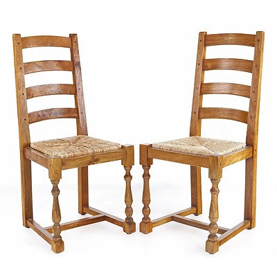 Fine Quality French Style Parquet Top Refectory Table and Ten Rush Seated Ladderback Chairs with Pegged Joints