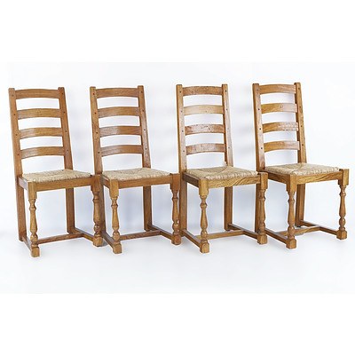 Fine Quality French Style Parquet Top Refectory Table and Ten Rush Seated Ladderback Chairs with Pegged Joints