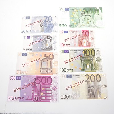 Group of Euro Specimen Banknotes and Other