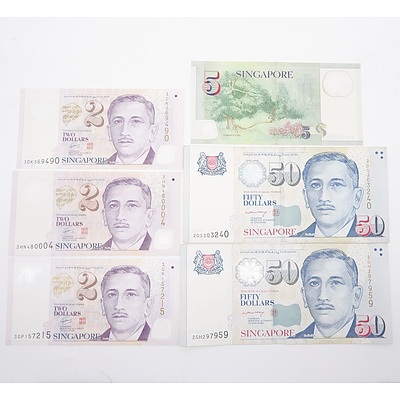 Group of Singapore Dollars, Including Two $50, One $5 and Three $2
