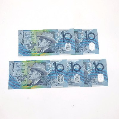 Five Consecutively Numbered Uncirculated Stevens/Henry $10 Notes, CI07263032- CI07263036