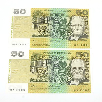 Two Consecutively Numbered Uncirculated $50 Fraser/ Evans Paper Notes, WSA573001-WSA573002