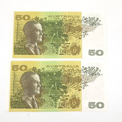 Two Consecutively Numbered Uncirculated $50 Fraser/ Evans Paper Notes, WSA573001-WSA573002