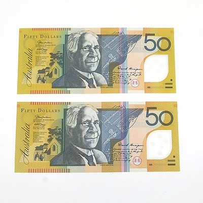 2004 First and Last Prefix Uncirculated $50 Macfarlane / Henry Polymer Notes, AA040251238 and GB04575076