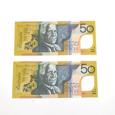 Two 2005 First Prefix Consecutively Numbered Uncirculated $50 Macfarlane / Henry Polymer Notes, AA05175107 and AA05175108