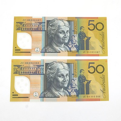 Two Consecutively Numbered Uncirculated $50 Macfarlane / Henry Polymer Notes, JC05305087 and JC053050878