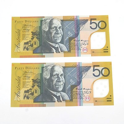 Two Consecutively Numbered Uncirculated $50 Macfarlane / Henry Polymer Notes, JC05305087 and JC053050878