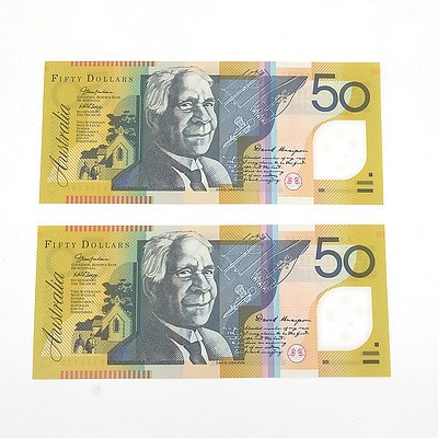 Two 2006 First Prefix Consecutively Numbered Uncirculated $50 Macfarlane / Henry Polymer Notes, AA06348737 and AA06348738