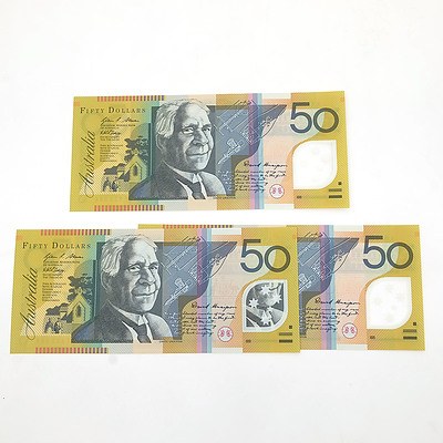 Three 2006 Consecutively Numbered Uncirculated $50 Stevens/ Henry Polymer Notes, AB07820087-AB07820089