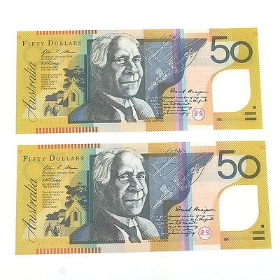 Two 2009 First Prefix Consecutively Numbered Uncirculated $50 Stevens/ Henry Polymer Notes, AA09574096 and AA09574097