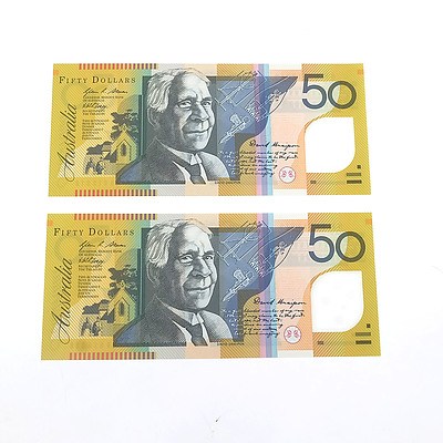 Two 2009 Last Prefix Consecutively Numbered Uncirculated $50 Stevens/ Henry Polymer Notes, SF09613918 and SF09613919