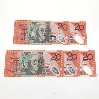 Five 2006 Consecutively Numbered Uncirculated $20 Macfarlane / Henry Polymer Notes, AM06170072 - AM06170076
