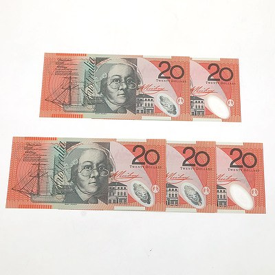 Five 2006 Consecutively Numbered Uncirculated $20 Macfarlane / Henry Polymer Notes, AC05250624- AC05250628