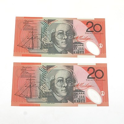 2005 First and Last Prefix Uncirculated $20 Macfarlane / Henry Polymer Notes, AA05967038 and GB05708780