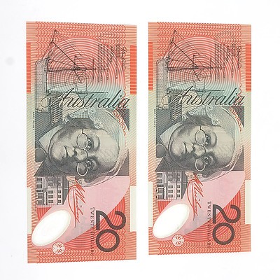 Two 2002 Consecutively Numbered Uncirculated $20 Macfarlane / Henry Polymer Notes, AJ02755033 and AJ02755034