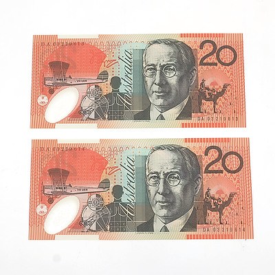 Two 2003 Last Prefix Consecutively Numbered Uncirculated $20 Macfarlane / Henry Polymer Notes, DA03219613 and DA03219614