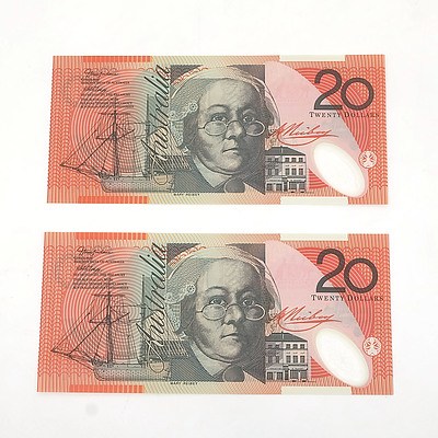 Two 2003 Last Prefix Consecutively Numbered Uncirculated $20 Macfarlane / Henry Polymer Notes, DA03219613 and DA03219614