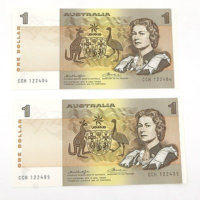 Two Consecutively Numbered Uncirculated $1 Knight / Wheeler Paper Notes, CCH122404 and CCH122405
