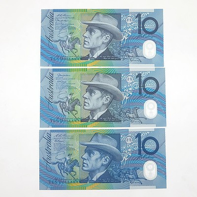 Three Uncirculated $10 Polymer Notes, Including 2002 First Prefix  AA02172157