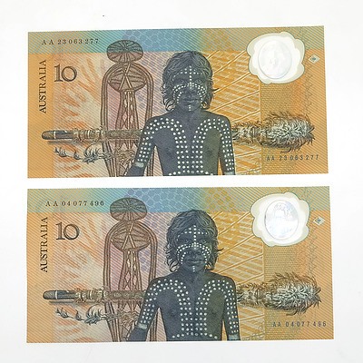 Two 1988 Australian Polymer Bicentennial Commemorative $10 Notes, AA04077496 and AA23063277