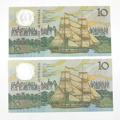 Two 1988 Australian Polymer Bicentennial Commemorative $10 Notes, AA04077496 and AA23063277
