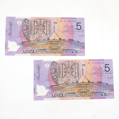 Two Consecutive Numbered Australian $5 Macfarlane/ Henry Polymer Notes, DL 02038898 and DL 02038899