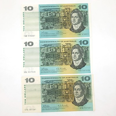 Three Uncirculated Commonwealth of Australia $10 Paper Notes, STD107581, TAB976027 and SSL037539