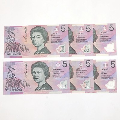Six Uncirculated $5 Notes, Including Red Serial HK97988874 and Consecutively Numbered 1988 Pair EA98801059 and EA98801060