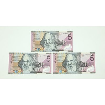 Three Uncirculated 2001 Centenary of Federation $5 Notes, Including First and Last Prefix