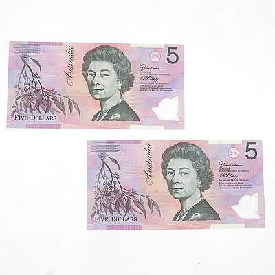 Two Consecutive Numbered Australian $5 Macfarlane/ Henry Polymer Notes, DL 02038898 and DL 02038899