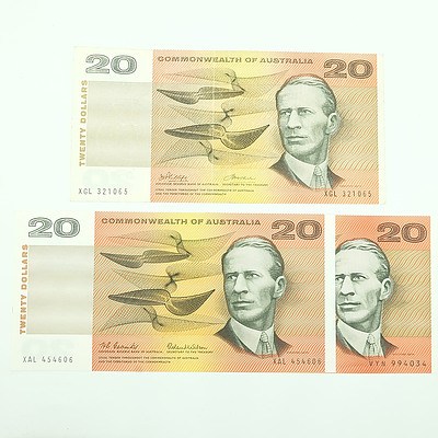 Three $20 Paper Notes, Including Coombs/ Wilson XAL454606 and Phillips/Wheeler XGL321065