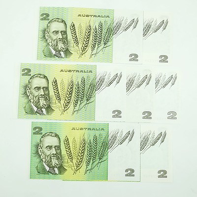 Seven Uncirculated Australian $2 Paper Notes, Including Phillips/ Wheeler HFF327472 and Two Pairs of Consecutively Numbered Notes