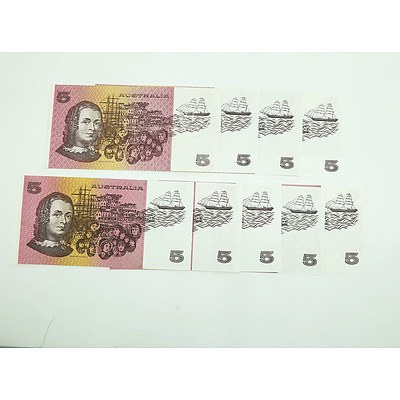 Nine Australian $5 Notes, Including Phillips/ Randall NFL516086, Johnston/Fraser PYK274724 and More