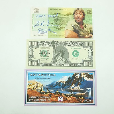 Three Novelty Notes, Including American One Million Dollars and Steve Irwin $2 Note