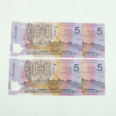 Four 2008 Consecutively Numbered Uncirculated $5 Polymer Notes, CF08634790-CF08634793