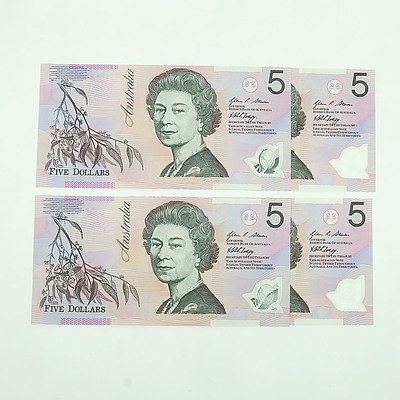 Four 2008 Consecutively Numbered Uncirculated $5 Polymer Notes, CF08634790-CF08634793