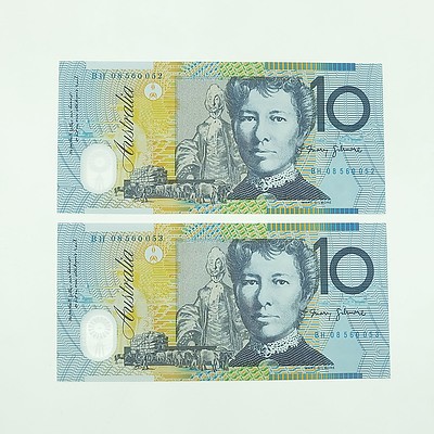 Two 2008 Consecutively Numbered Uncirculated $10 Polymer Notes, BH08560052-BH08560053