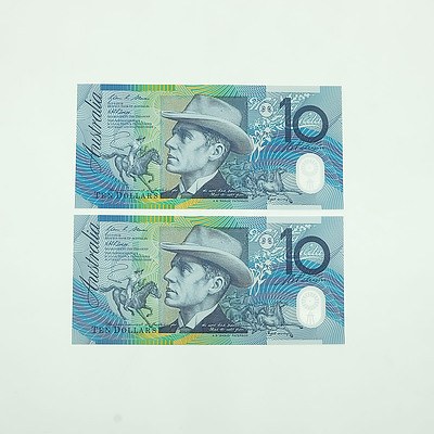 Two 2008 Consecutively Numbered Uncirculated $10 Polymer Notes, BH08560052-BH08560053