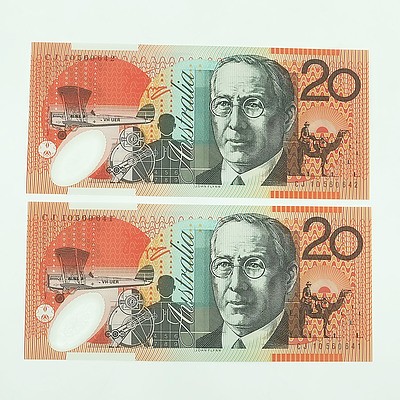 Two 2010 Consecutively Numbered Uncirculated $20 Polymer Notes, CJ10560641-CJ10560642