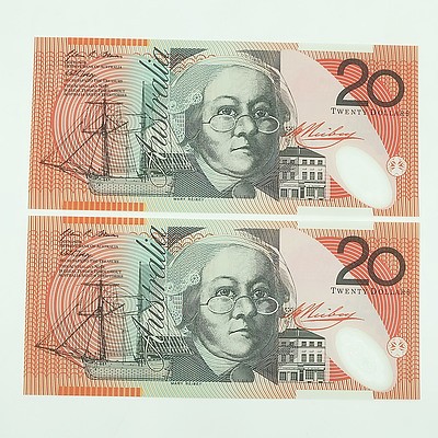 Two 2010 Consecutively Numbered Uncirculated $20 Polymer Notes, CJ10560641-CJ10560642