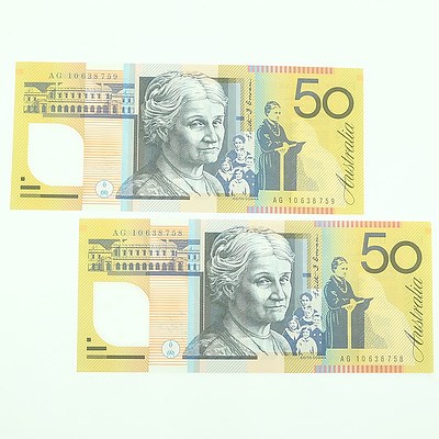 Two 2010 Consecutively Numbered Uncirculated $50 Polymer Notes, AG10638758-AG10638759