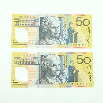 2010 First and Last Prefix Uncirculated $50 Polymer Notes, AA10416749 and GB10758152