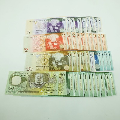 Group of Consecutively Numbered Tongan $1, $2 $5, $10, $20, $50, Notes